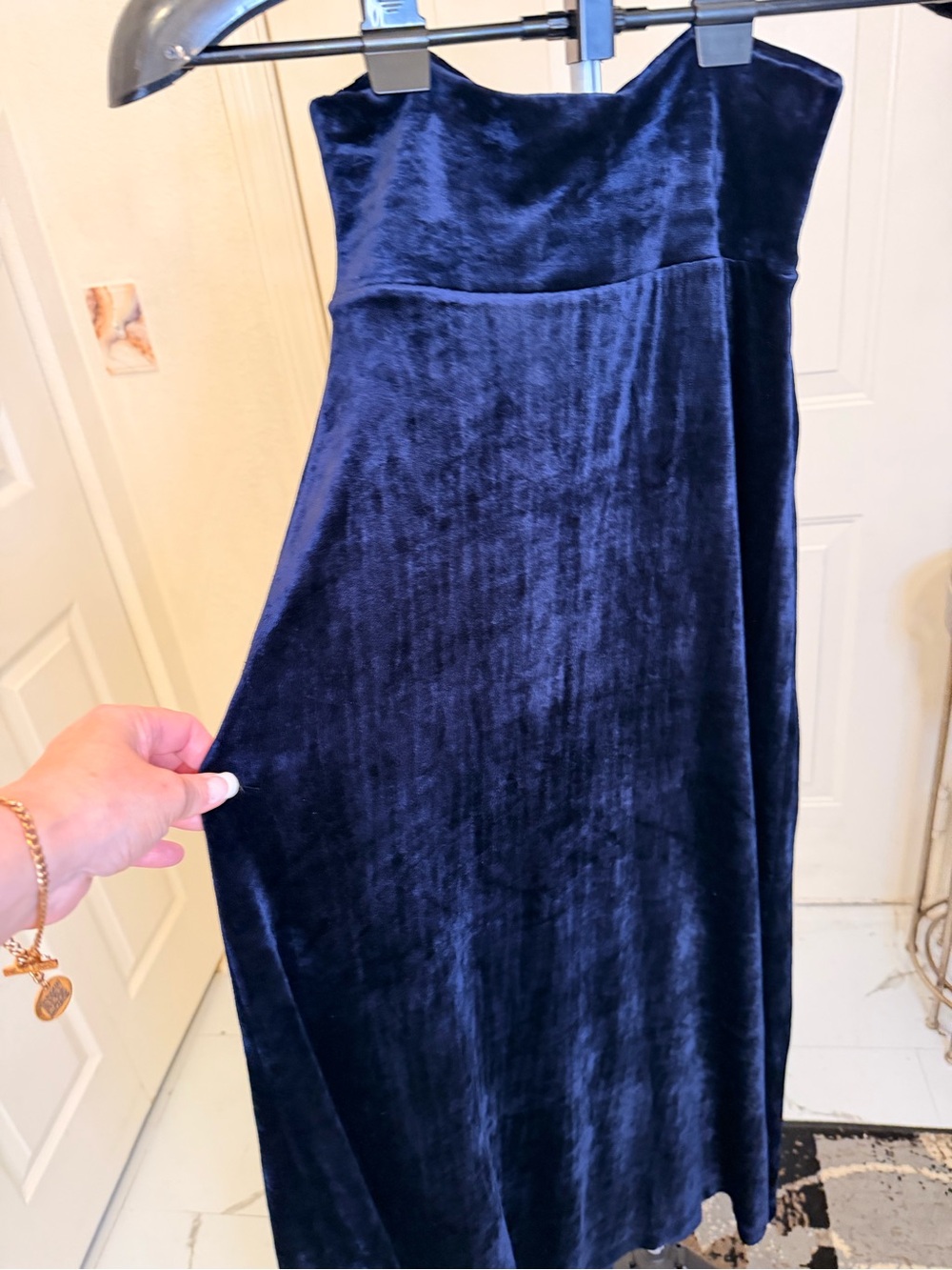 French Connection Deep Navy Velvet Maxi Skirt with High Waist Band that Folds - Picture 4 of 5